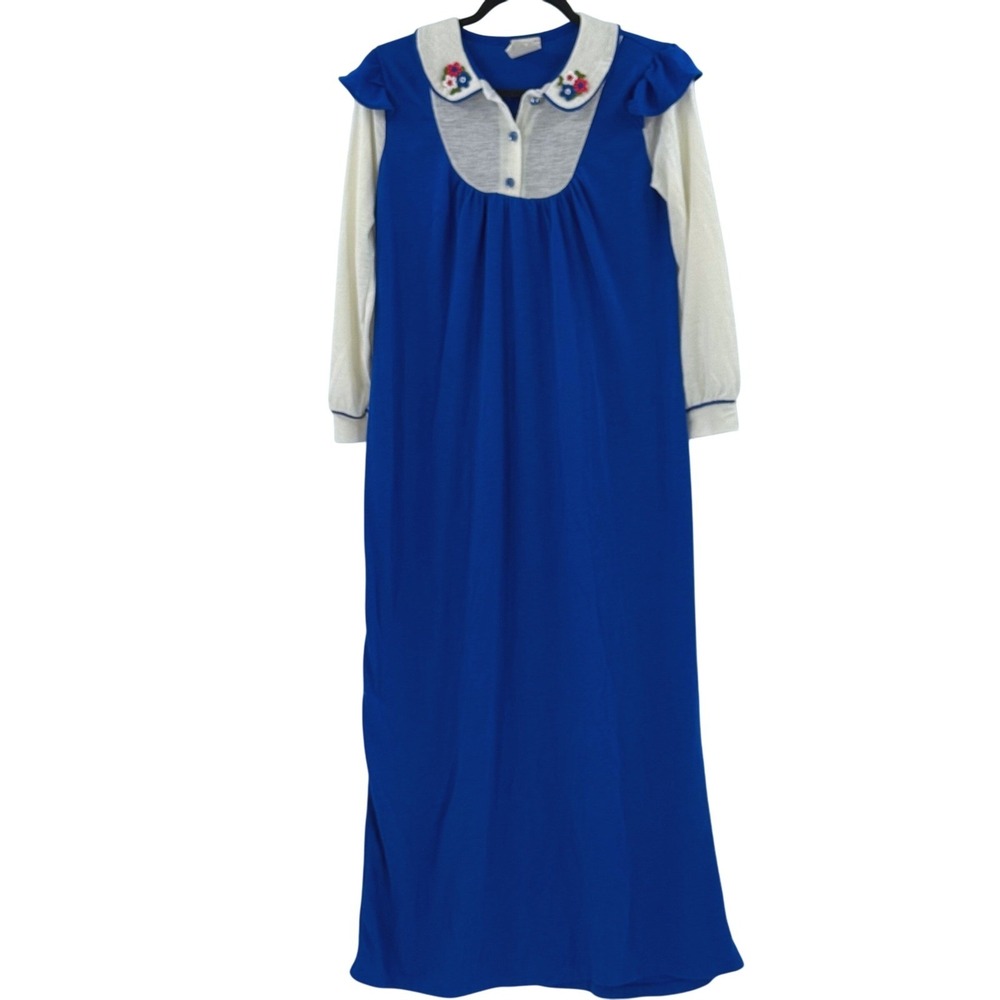 Vintage 1970's Blue White Floral Embroidered Long Sleeve Nightgown Sleep Dress L